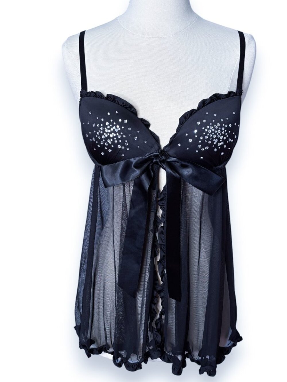 Victoria's Secret Sexy Little Things Black Rhinestone Babydoll Lingerie Size 36C